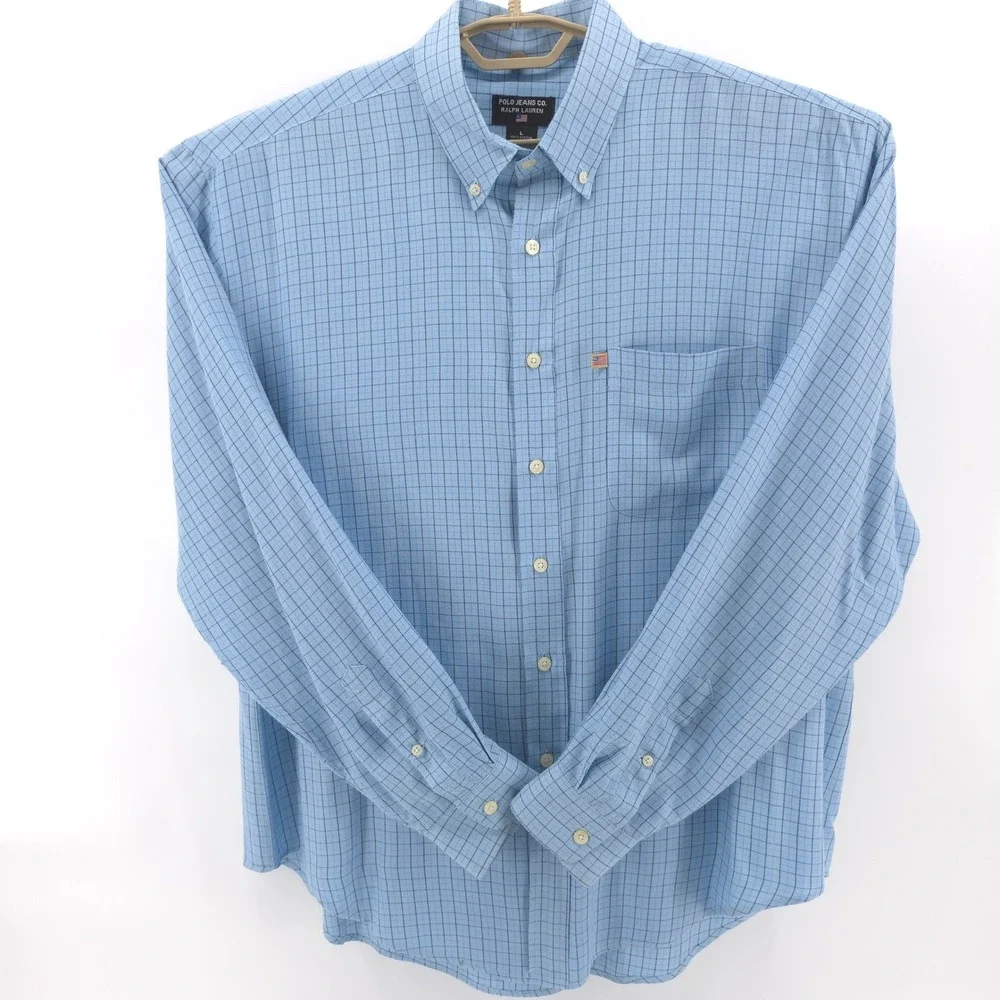 Polo Jeans Co Ralph Lauren Mens Shirt Cotton Blue Grid L Button Down Made in USA